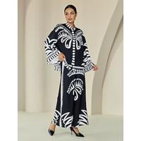 Satin Geometric Flare Cuff Sleeve Black High Neck Shirts Satin Wide Leg Printing Black Pants