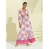 Women's Hem Maxi Satin Maxi Maxi long Dress Pink Long Sleeve Paisley Cut Out Printing Hole Spring V Neck Dresses Vacation S M L Lightinthebox