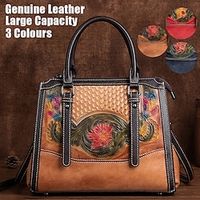 Women's Handbag Crossbody Bag Shoulder Bag Boston Bag Leather Party Daily Holiday Zipper Embossed Large Capacity Waterproof Durable Flower Folk Vintage black Vintage brown Vintage red Lightinthebox - thumbnail