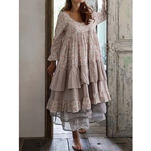 Women's Long Dress Maxi Dress Casual Dress A Line Dress Print Dress Floral Fashion Casual Outdoor Daily Holiday Ruched Layered 34 Length Sleeve Crew Neck Dress Loose Fit Khaki Spring Summer S M L XL Lightinthebox