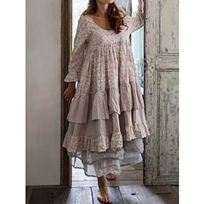 Women's Long Dress Maxi Dress Casual Dress A Line Dress Print Dress Floral Fashion Casual Outdoor Daily Holiday Ruched Layered 34 Length Sleeve Crew Neck Dress Loose Fit Khaki Spring Summer S M L XL Lightinthebox