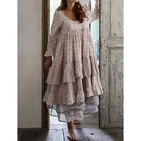 Women's Long Dress Maxi Dress Casual Dress A Line Dress Print Dress Floral Fashion Casual Outdoor Daily Holiday Ruched Layered 34 Length Sleeve Crew Neck Dress Loose Fit Khaki Spring Summer S M L XL Lightinthebox - thumbnail