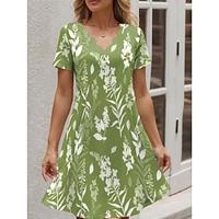 Women's Green Dress Floral Print Loose Asymmetrical Midi Dress Vintage Short Sleeve Summer Spring Lightinthebox