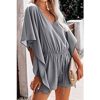 Women's Playsuit Lace up Solid Color V Neck Casual Daily Going out Baggy Shorts Regular Fit Half Sleeve Butterfly Sleeve Black Red Blue S M L Summer miniinthebox