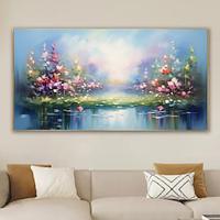 Hand-Painted Oil Painting Large Lakeside Flower Field Landscape Spring Pastoral Scenery Home Decor Creative Flower Wall Art Custom Sunrise No Frame Lightinthebox