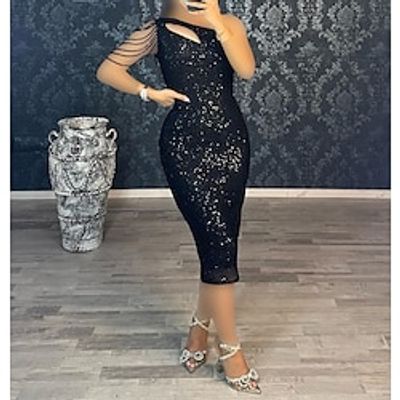 Sheath Black Dress Cocktail Dresses Sparkle  Shine Dress Evening Party Party Wear Tea Length Sleeveless One Shoulder Sequined with Fringe Sequin 2023 Lightinthebox
