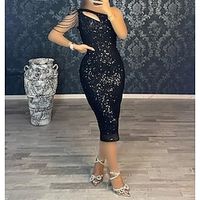 Sheath Black Dress Cocktail Dresses Sparkle  Shine Dress Evening Party Party Wear Tea Length Sleeveless One Shoulder Sequined with Fringe Sequin 2023 Lightinthebox - thumbnail