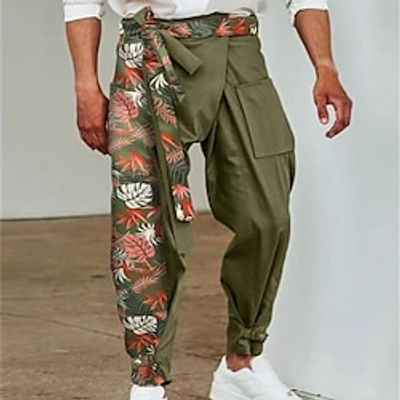 Men's Trousers Summer Pants Beach Pants Casual Pants Pocket Drawstring Print Leaf Tropical Comfort Breathable Daily Holiday Vacation Hawaiian Boho Black Blue Lightinthebox