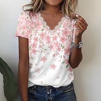 Women's T shirt Tee Pink Blue Purple Floral Lace Trims Print Short Sleeve Holiday Weekend Basic V Neck Regular Floral Painting S Lightinthebox - thumbnail