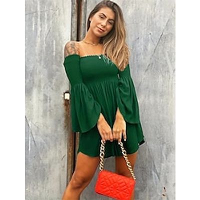 Women's Plain Dress Mini Dress Cold Shoulder Holiday Vacation Beach A Line Off Shoulder Long Sleeve Slim Black Green Color S M L XL XXL Size Lightinthebox