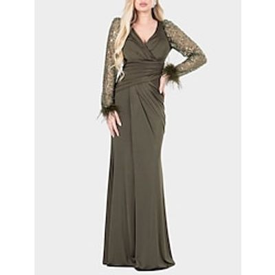 Sheath  Column Evening Gown Elegant Dress Formal Christmas Red Green Dress Sweep  Brush Train Long Sleeve V Neck Stretch Chiffon with Feather Pleats Ruched 2023 Lightinthebox