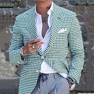 Men's Blazer Business Cocktail Party Wedding Party Fashion Casual Spring   Fall Polyester Plaid Button Pocket Comfortable Single Breasted Blazer Green Lightinthebox