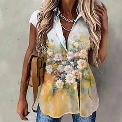 Women's Shirt Blouse Yellow Pink Blue Floral Button Print Long Sleeve Casual Holiday Basic Shirt Collar Regular Floral S miniinthebox