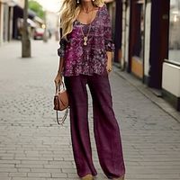 Women's Shirt Pants Sets Black Royal Blue Blue Graphic Print Long Sleeve Casual Daily Fashion Round Neck Regular Fit Spring   Fall miniinthebox - thumbnail