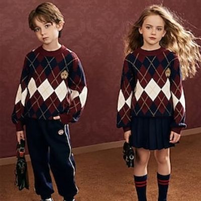Kids Girls' Sweater Plaid School Long Sleeve Crewneck Active 4-13 Years Fall Wine Lightinthebox