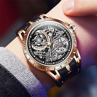 New Gratuity Brand Men'S Watch Luminous Skeleton Mechanical Watch Fashion Tide Business Tape Waterproof Sports Men'S Wristwatch miniinthebox