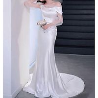 Mermaid / Trumpet Minimalist Elegant Engagement Formal Evening Dress Off Shoulder Long Sleeve Court Train Charmeuse with Sleek 2021 miniinthebox - thumbnail