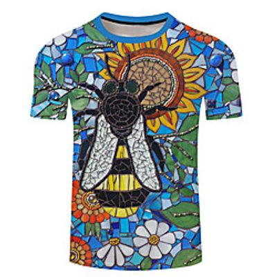 Men's Unisex Tee T shirt 3D Print Plants Graphic Prints Bee Plus Size 3D Print Short Sleeve Casual Tops Basic Designer Big and Tall Light Yellow Blue Yellow miniinthebox