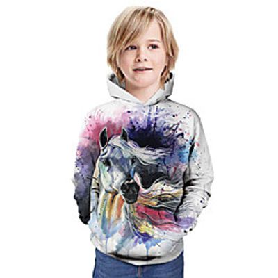 Kids Boys' Hoodie  Sweatshirt Long Sleeve Horse 3D Print Animal Unisex Beige Children Tops Summer Active Daily Wear Regular Fit 3-13 Years miniinthebox