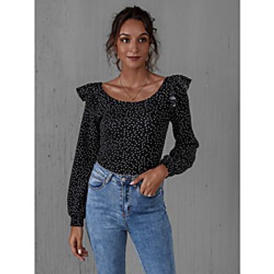 Women's Blouse Shirt Polka Dot Long Sleeve Ruffle Print Round Neck Casual Streetwear Tops Black Lightinthebox