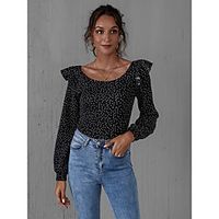 Women's Blouse Shirt Polka Dot Long Sleeve Ruffle Print Round Neck Casual Streetwear Tops Black Lightinthebox - thumbnail