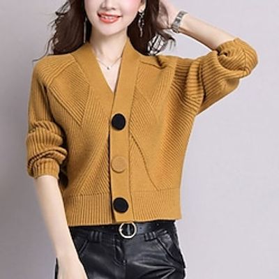 Women's Cardigan Sweater Jumper Ribbed Knit Button Knitted Pure Color V Neck Stylish Elegant Outdoor Work Winter Fall Purple Yellow One-Size / Long Sleeve / Regular Fit / Going out miniinthebox