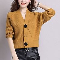 Women's Cardigan Sweater Jumper Ribbed Knit Button Knitted Pure Color V Neck Stylish Elegant Outdoor Work Winter Fall Purple Yellow One-Size / Long Sleeve / Regular Fit / Going out miniinthebox - thumbnail