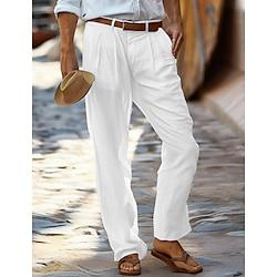 Men's Linen Pants Trousers Summer Pants Front Pocket Pleats Straight Leg Plain Comfort Breathable Casual Daily Holiday Fashion Basic White Green Lightinthebox