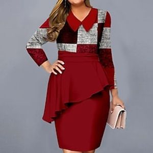 Women's Plus Size Sheath Dress Plaid V Neck Long Sleeve Fall Winter Stylish Elegant Formal Midi Dress Formal Vacation Dress Lightinthebox