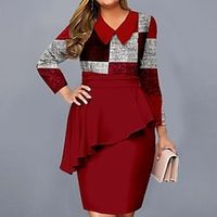 Women's Plus Size Sheath Dress Plaid V Neck Long Sleeve Fall Winter Stylish Elegant Formal Midi Dress Formal Vacation Dress Lightinthebox - thumbnail