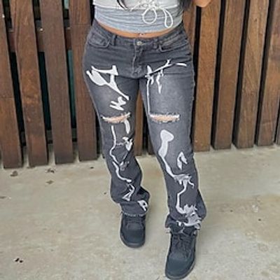 Women's Jeans Distressed Jeans Full Length Denim High Waist Active Fashion Outdoor Street Dark Gray S M Winter Autumn  Fall Lightinthebox