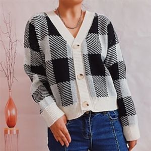 Women's Cardigan Sweater Jumper Crochet Knit Knitted Button Plaid V Neck Stylish Casual Daily Going out Fall Winter Green Black S M L / Long Sleeve miniinthebox