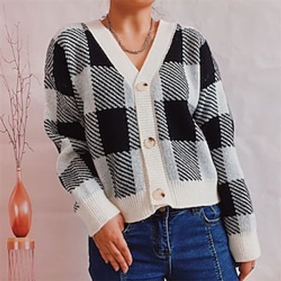 Women's Cardigan Sweater Jumper Crochet Knit Knitted Button Plaid V Neck Stylish Casual Daily Going out Fall Winter Green Black S M L / Long Sleeve miniinthebox