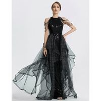 Mermaid  Trumpet Prom Dresses Black Dress Dress Quinceanera Floor Length Short Sleeve Jewel Neck Tulle with Beading 2023 Lightinthebox - thumbnail
