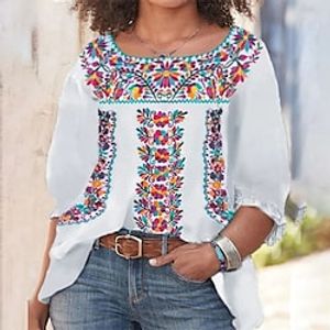 Women's Plus Size Tops Blouse Floral Print 3/4 Length Sleeve Round Neck Hawaiian Daily Going out Polyester Fall Winter White miniinthebox