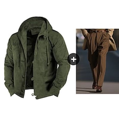 Men's Hoodie Dress Pants Set Sherpa Linend Army Green Color Block Hooded Plain 2 Piece Trousers Suit Pants Sports  Outdoor Daily Sports Streetwear Cool Basic Fall  Winter Clothing Apparel Lightinthebox