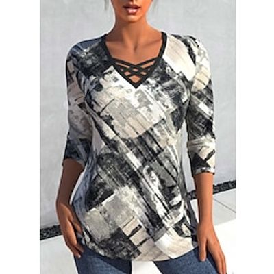 Women's T shirt Tee Gray Geometric Print Long Sleeve Daily Weekend Fashion V Neck Regular Fit Geometric Painting Spring   Fall Lightinthebox