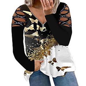 Women's Plus Size Tops Blouse Pullover Sweatshirt Floral Cat Butterfly Zipper Asymmetric Long Sleeve V Neck Streetwear Fall Winter Dark Yellow Blue Yellow Big Size L XL XXL 3XL 4XL miniinthebox