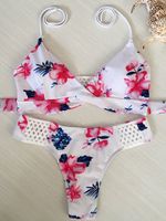 Sexy Floral Printed Halter Criss-cross Back Bathing Suits Deep Plunge String Bikinis