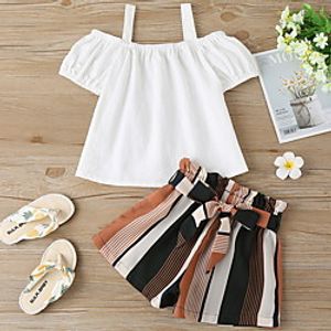 Kids Girls' Clothing Set 2 Piece Short Sleeve White Yellow Navy Blue Striped Print Daily Wear Basic Regular 2-6 Years Lightinthebox