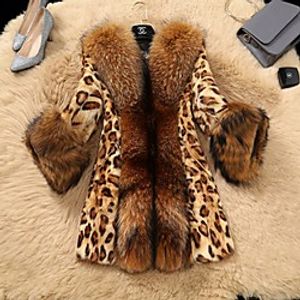 Women's Faux Fur Coat Daily Fall  Winter Long Coat Regular Fit Jacket Long Sleeve Leopard Brown miniinthebox