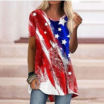 Women's A Line Dress Short Mini Dress Red Short Sleeve Color Block Flag Ruched Print Spring Summer Crew Neck Vacation Modern 2022 S M L XL XXL 3XL Lightinthebox