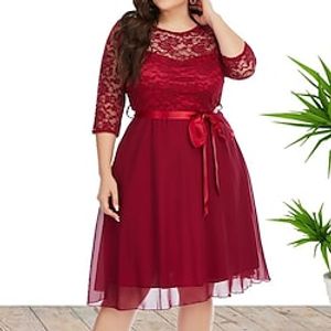 Women's Plus Size Party Dress Solid Color Crew Neck Lace 34 Length Sleeve Fall Winter Prom Dress Knee Length Dress Party Going out Dress  Homecoming Dress Lightinthebox