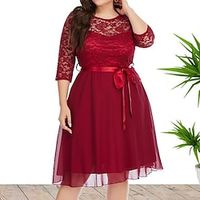 Women's Plus Size Party Dress Solid Color Crew Neck Lace 34 Length Sleeve Fall Winter Prom Dress Knee Length Dress Party Going out Dress  Homecoming Dress Lightinthebox - thumbnail