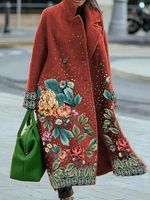 Women's Retro Floral Print Thick Mid-length Woolen Coat