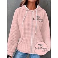 Women's Hoodied Jacket Waffle Knit Sweatshirt Fall Drawstring Zip up Hoodie Fall Sport Casual Jacket with Pockets Pink White Blue Grey Black-Yes, I'm Still Freezing-Me 24:7 Lightinthebox - thumbnail