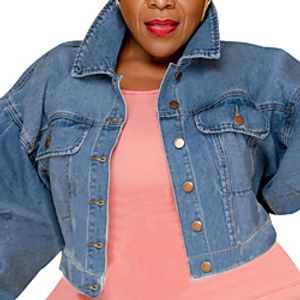 Women's Plus Size Jacket Pocket Button Plain Vacation Outdoor Long Sleeve Turndown Short Spring Summer Light Blue XL XXL 3XL 4XL 5XL Lightinthebox