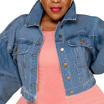 Women's Plus Size Jacket Pocket Button Plain Vacation Outdoor Long Sleeve Turndown Short Spring Summer Light Blue XL XXL 3XL 4XL 5XL Lightinthebox