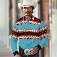 Aztec western style Tribal Men's Shirt Shirt Collar Long Sleeve Blue S, M, L Polyester Shirt Lightinthebox