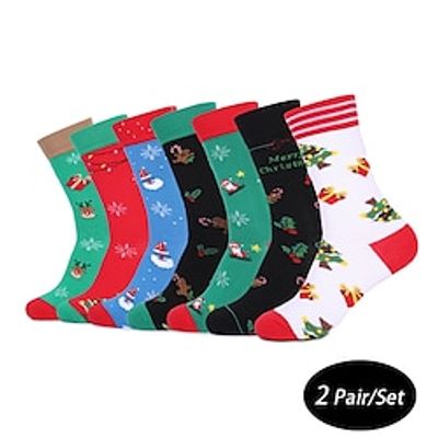 Men's 2 Pairs Crew Socks Men Socks Xmas Socks Red  Green Black-green Color Christmas Casual Daily Basic Medium Fall  Winter Thermal Lightinthebox